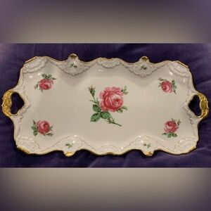 AK KAISER Porcelain Tray Gold Trim Handled Floral Western Germany Vintage